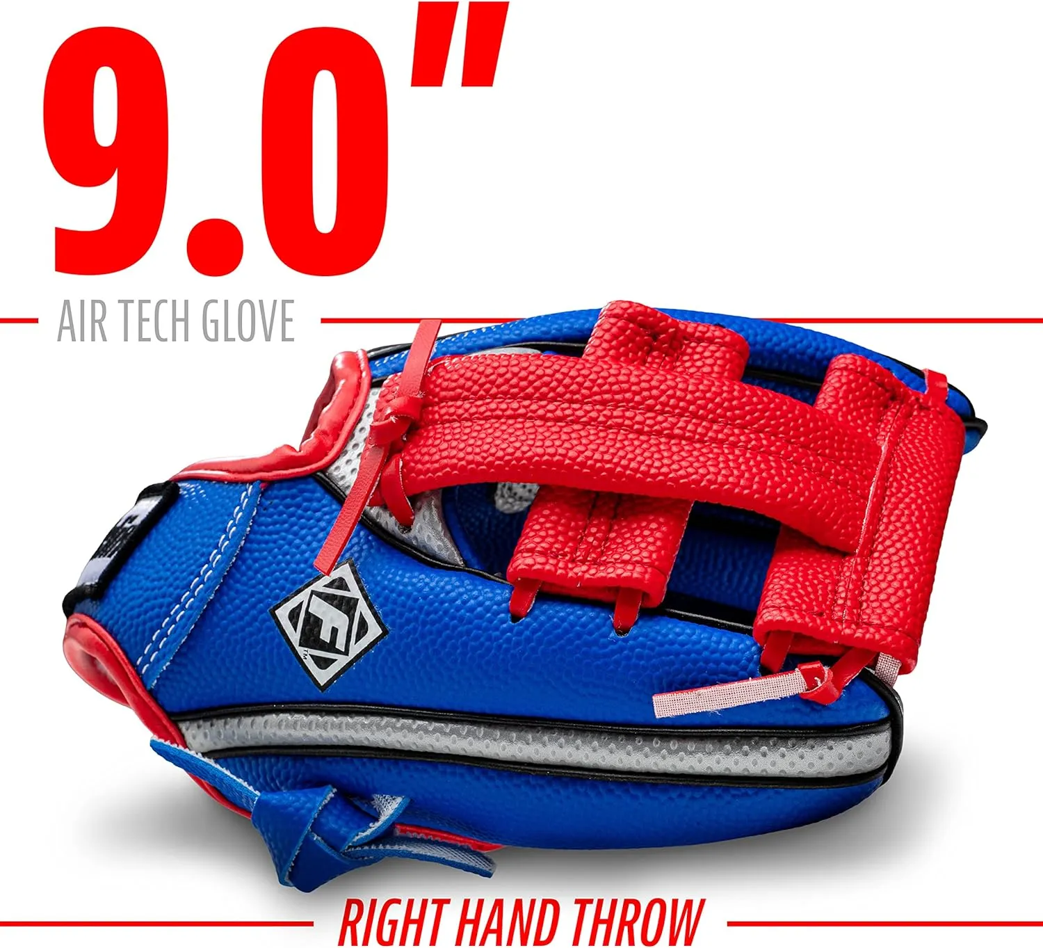 Franklin Sports Kids Baseball Glove   Ball Set - Air Tech Youth Teeball Glove - Boys   Girls Children's Glove   Ball - Right Hand Throw - Blue, Red and Silver, 9"