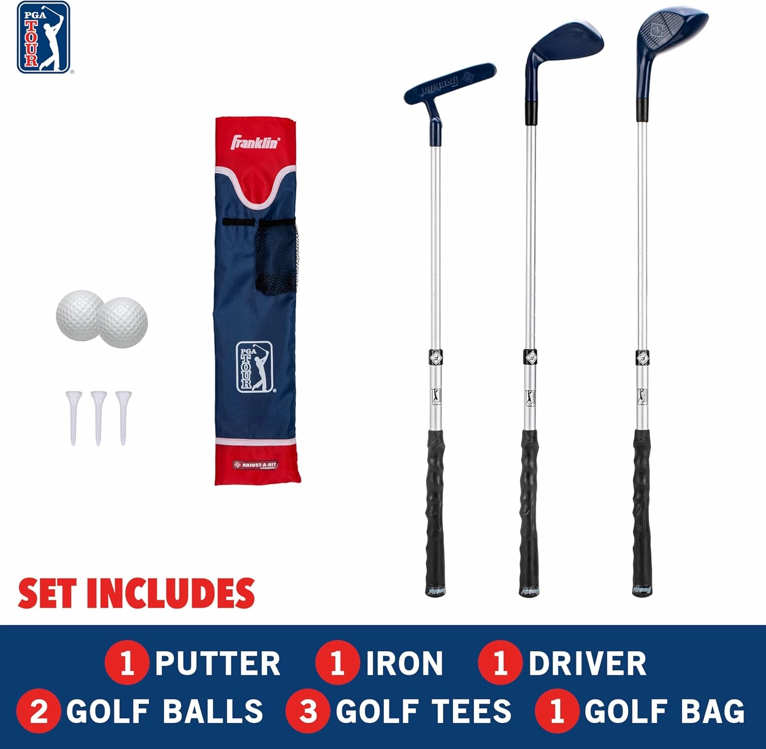 Franklin Sports PGA Tour Kids Golf Set - Youth Adjustable Plastic Golf Club Set - Kids Plastic Golf Set with Bag and Balls - Adjustable Length Clubs for Toddlers - Red & Blue