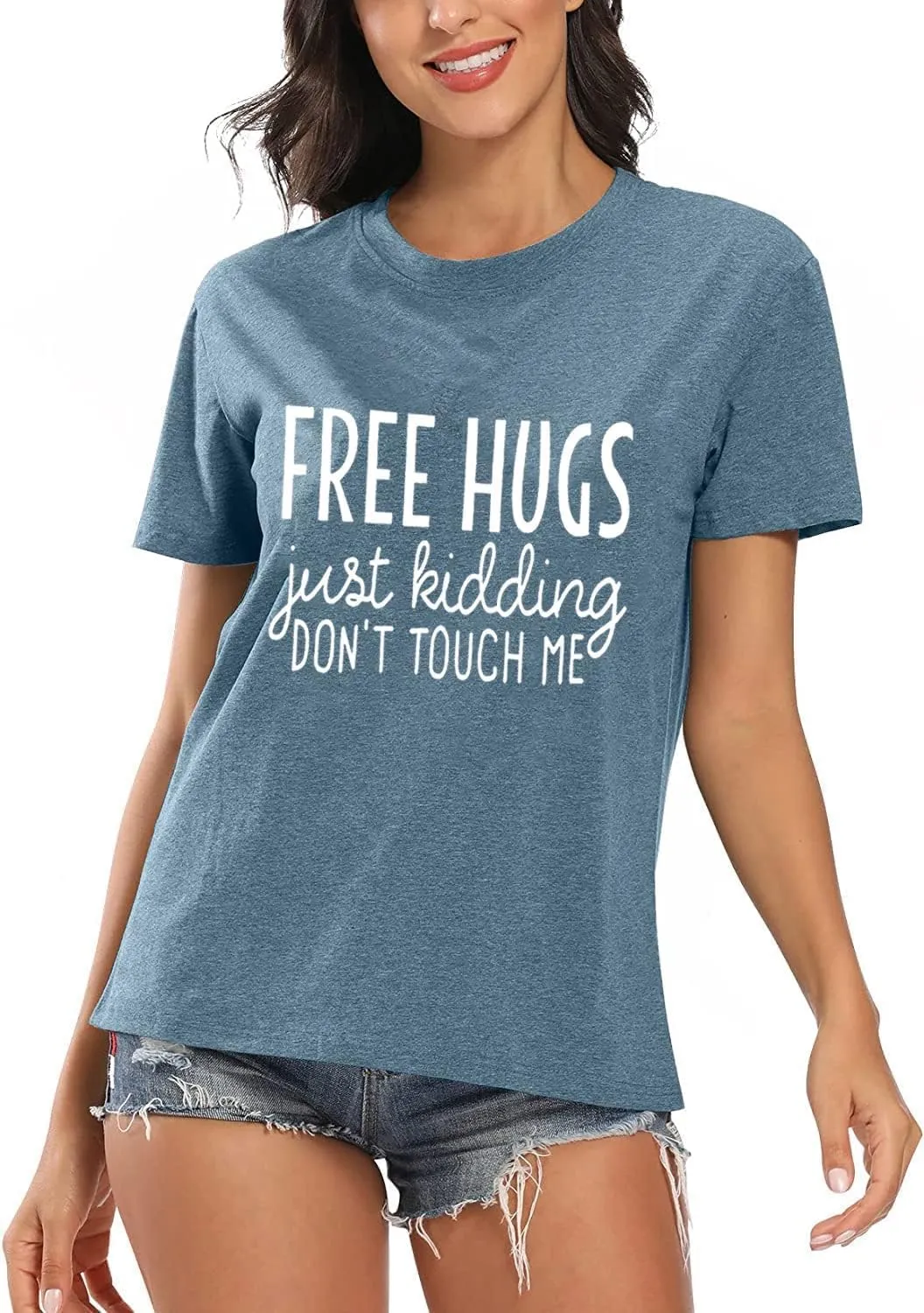 Free Hugs Just Kidding Don't Touch Me Letter Print T Shirts for Womens Funny Saying Graphic Tees Summer Short Sleeve Tops