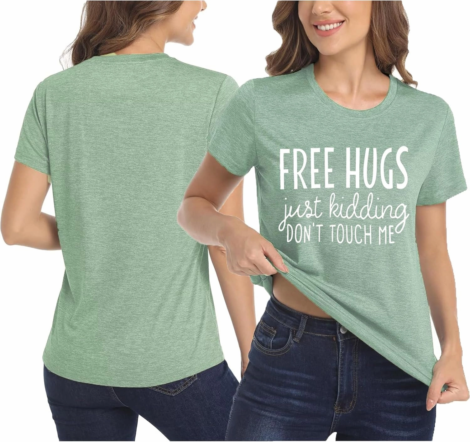 Free Hugs Just Kidding Don't Touch Me Letter Print T Shirts for Womens Funny Saying Graphic Tees Summer Short Sleeve Tops