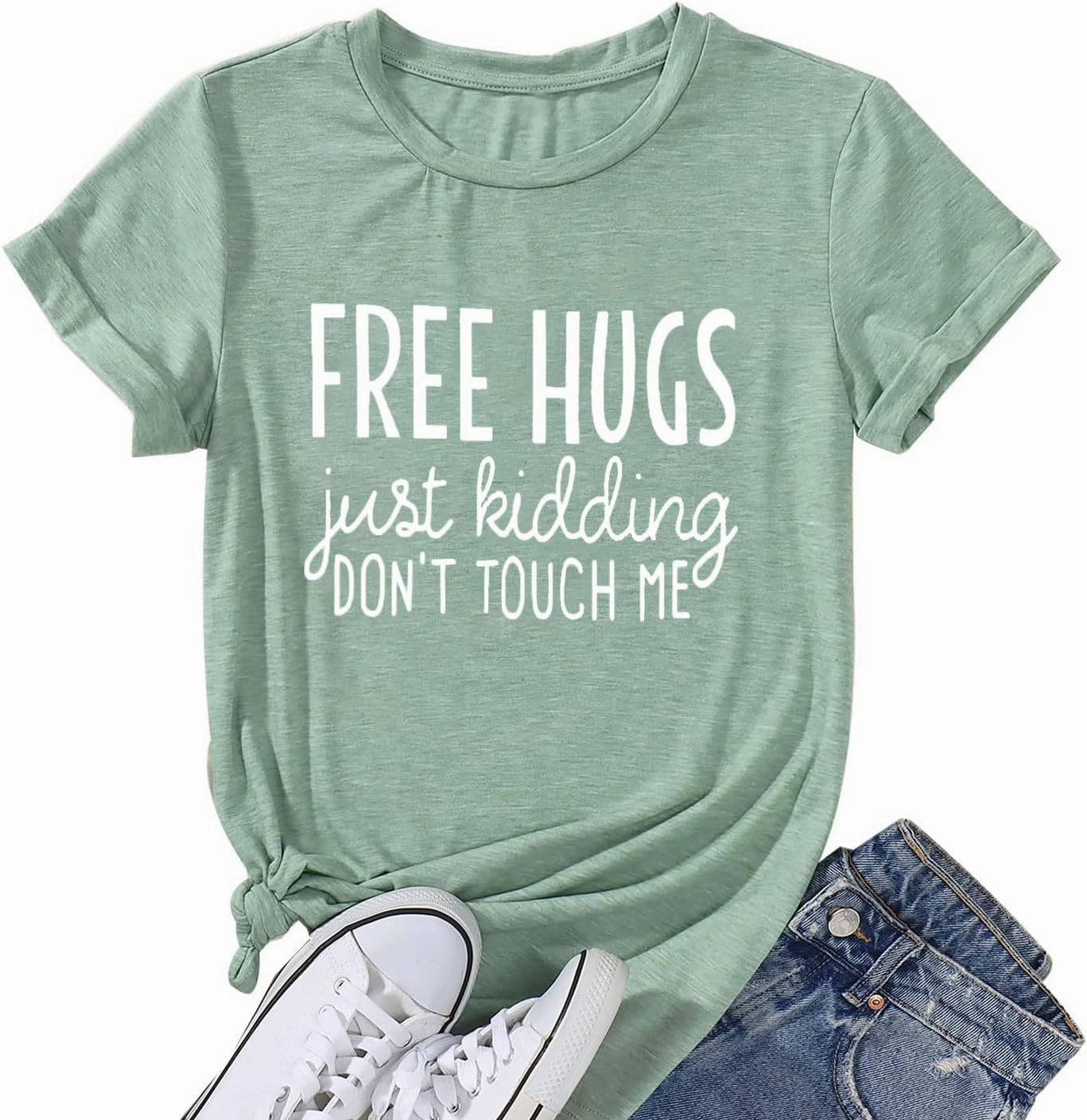 Free Hugs Just Kidding Don't Touch Me Letter Print T Shirts for Womens Funny Saying Graphic Tees Summer Short Sleeve Tops