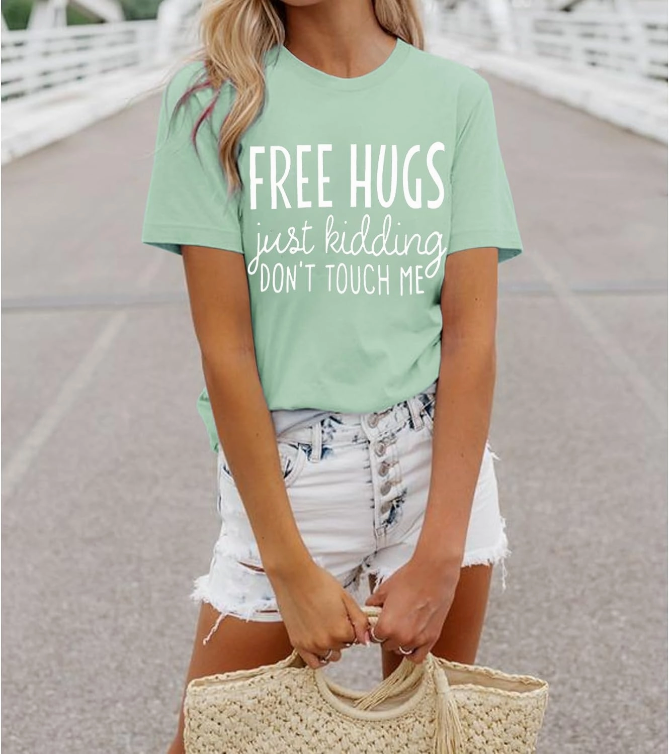 Free Hugs Just Kidding Don't Touch Me Letter Print T Shirts for Womens Funny Saying Graphic Tees Summer Short Sleeve Tops