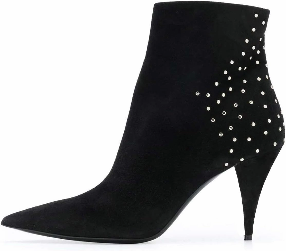 FSJ Women Classic Pointed Toe Ankle Boots High Cone Heel Leather Faux Suede Studded Rhinestones Leopard Short Booties Side Zipper Dress Shoes Size 4-15 US
