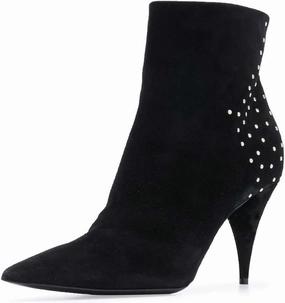 FSJ Women Classic Pointed Toe Ankle Boots High Cone Heel Leather Faux Suede Studded Rhinestones Leopard Short Booties Side Zipper Dress Shoes Size 4-15 US