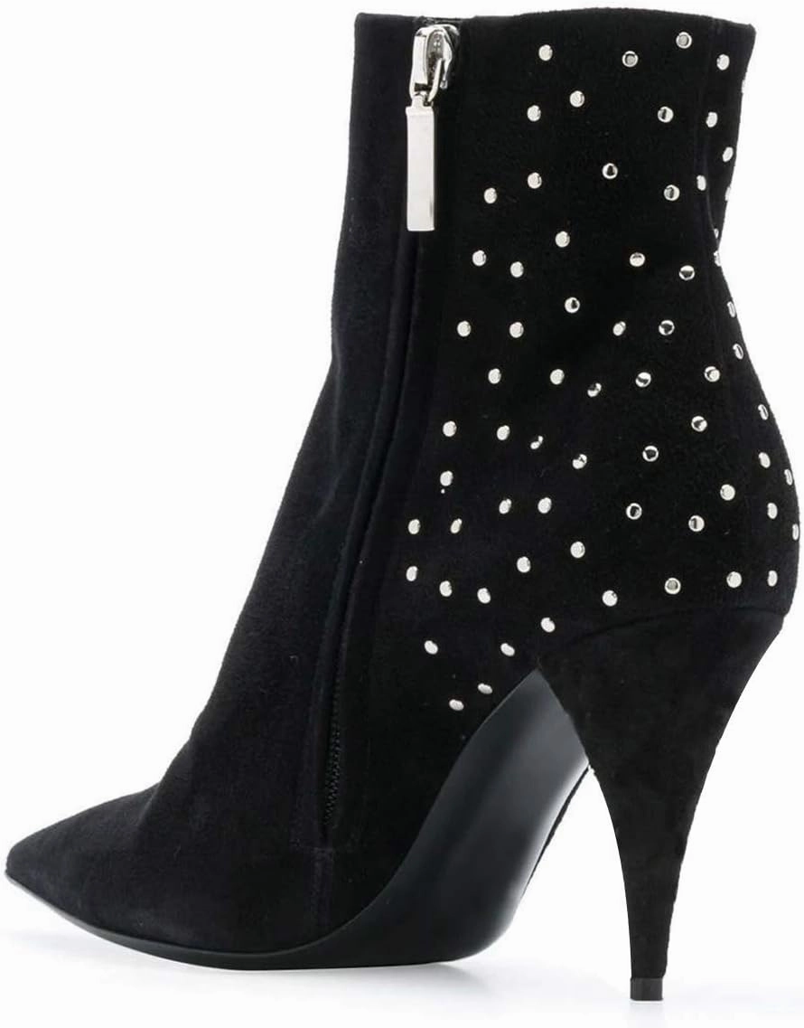 FSJ Women Classic Pointed Toe Ankle Boots High Cone Heel Leather Faux Suede Studded Rhinestones Leopard Short Booties Side Zipper Dress Shoes Size 4-15 US