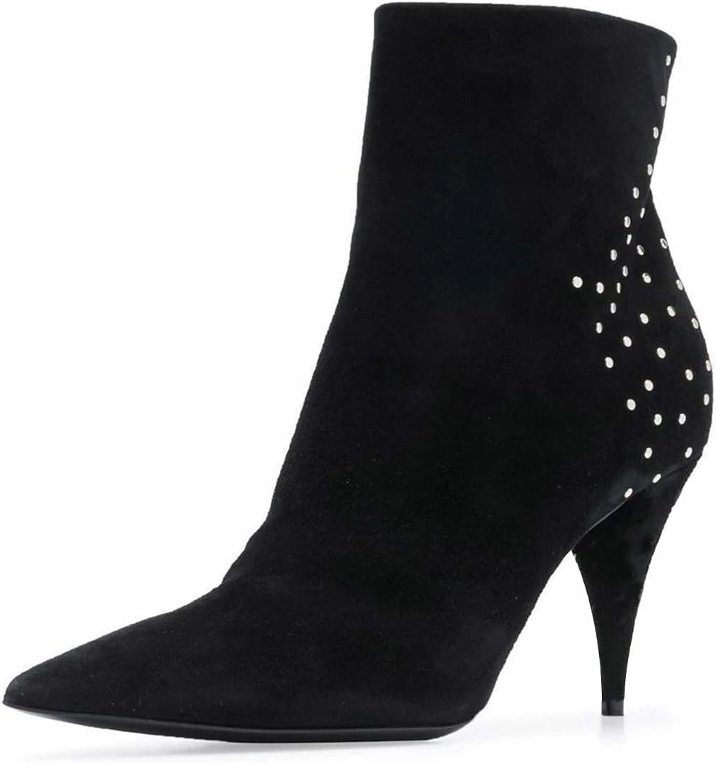 FSJ Women Classic Pointed Toe Ankle Boots High Cone Heel Leather Faux Suede Studded Rhinestones Leopard Short Booties Side Zipper Dress Shoes Size 4-15 US