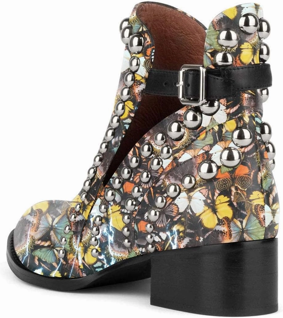 FSJ Women Stylish Studded Cutout Closed Pointed Toe Booties Mid Chunky Block Heel Side Strap Ankle Boots Shoes Size 4-15 US