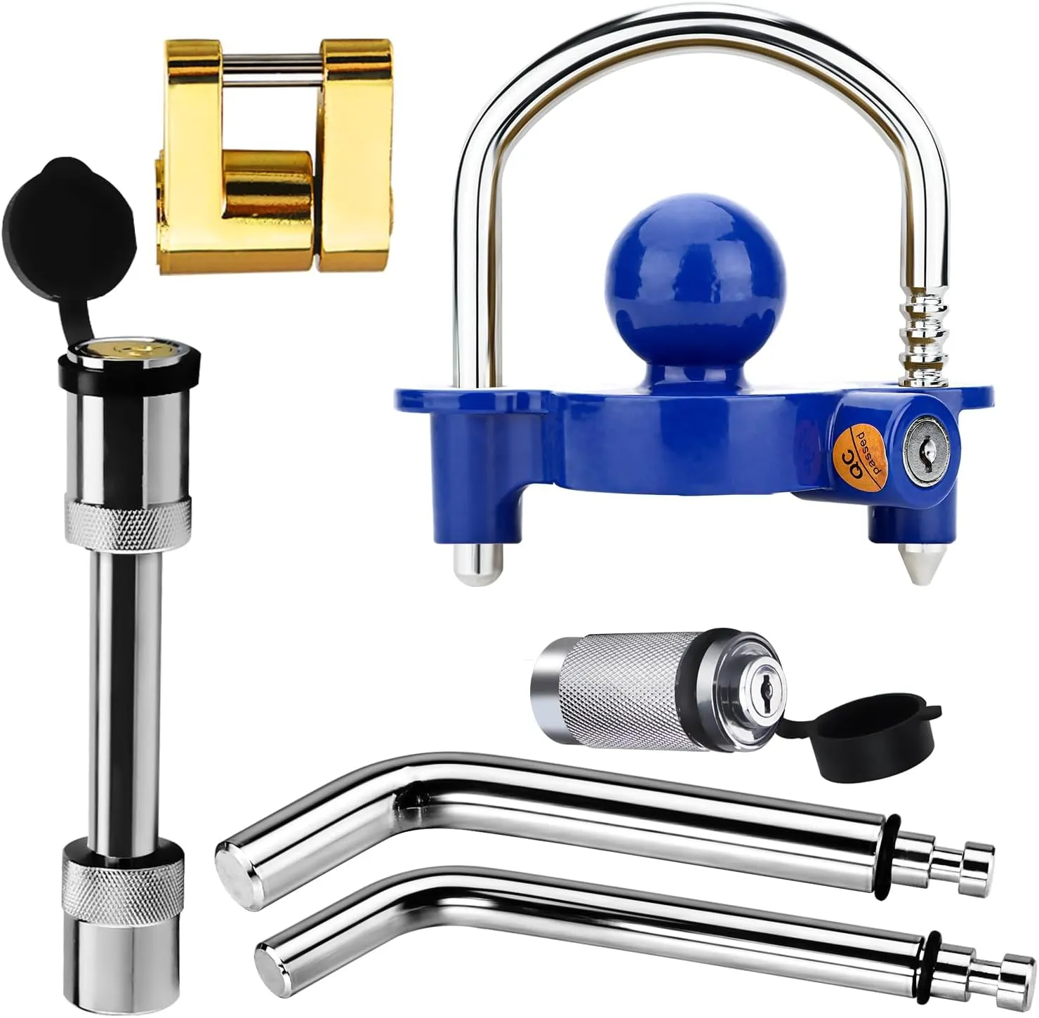 Funmit Trailer Hitch Lock Set with 2 Keys, Including Blue Universal Trailer Lock, 2 Bent Trailer Hitch Locks (1/2"Dia and 5/8"Dia) , 1 Trailer Hitch Lock (5/8"Dia), Gold Coupler Pin Lock - Only 2 keys