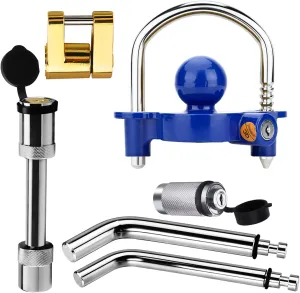 Funmit Trailer Hitch Lock Set with 2 Keys, Including Blue Universal Trailer Lock, 2 Bent Trailer Hitch Locks (1/2"Dia and 5/8"Dia) , 1 Trailer Hitch Lock (5/8"Dia), Gold Coupler Pin Lock - Only 2 keys