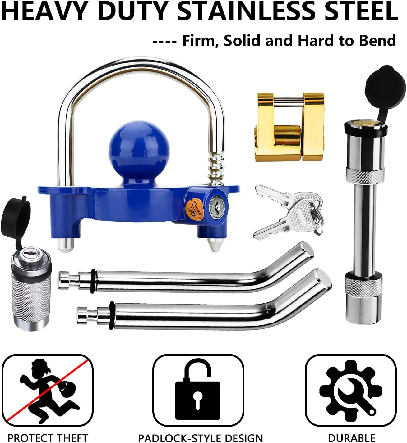 Funmit Trailer Hitch Lock Set with 2 Keys, Including Blue Universal Trailer Lock, 2 Bent Trailer Hitch Locks (1/2"Dia and 5/8"Dia) , 1 Trailer Hitch Lock (5/8"Dia), Gold Coupler Pin Lock - Only 2 keys