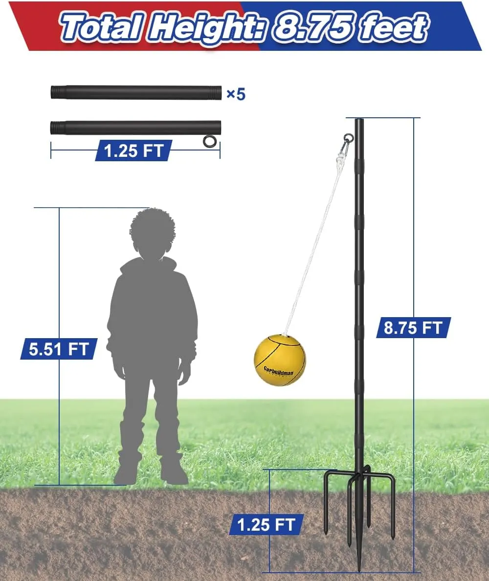 Garbuildman Tetherball Set with Ball & Rope for Outdoor Backyard, Adjustable Tether Ball Pole with 5-Prong Base & Rubber Sleeve for Playground, Outside Ball Games Sports for Kids, Adults