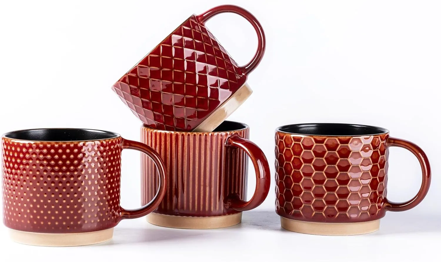 GBHOME 8OZ Stackable Coffee Mugs, Ceramic Coffee Mugs with Texture Patterns for Man,Woman,Dad,Mom, Modern Coffee Cups Set of 4 for Espresso/Cappuccino/Cocoa. Dishwasher&Microwave Safe,Red