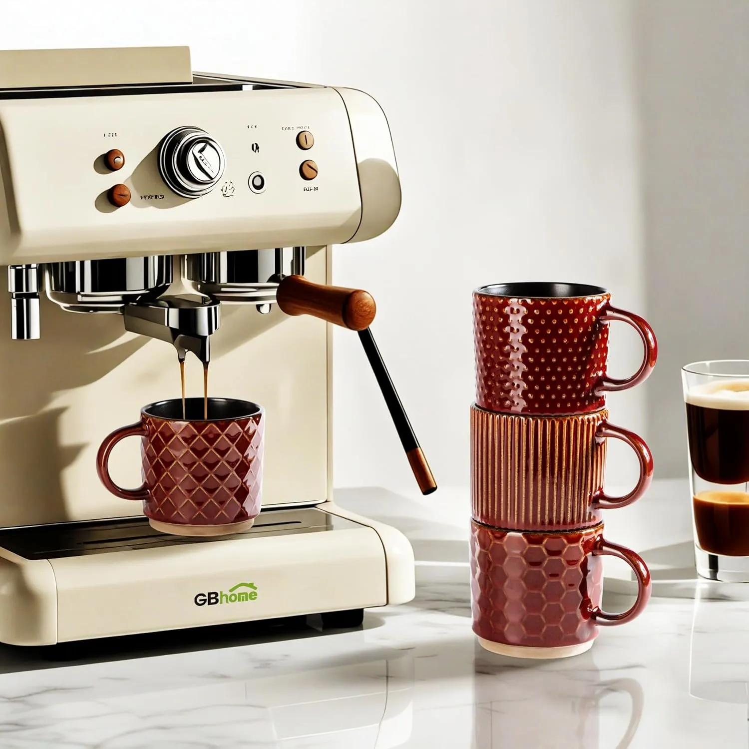 GBHOME 8OZ Stackable Coffee Mugs, Ceramic Coffee Mugs with Texture Patterns for Man,Woman,Dad,Mom, Modern Coffee Cups Set of 4 for Espresso/Cappuccino/Cocoa. Dishwasher&Microwave Safe,Red