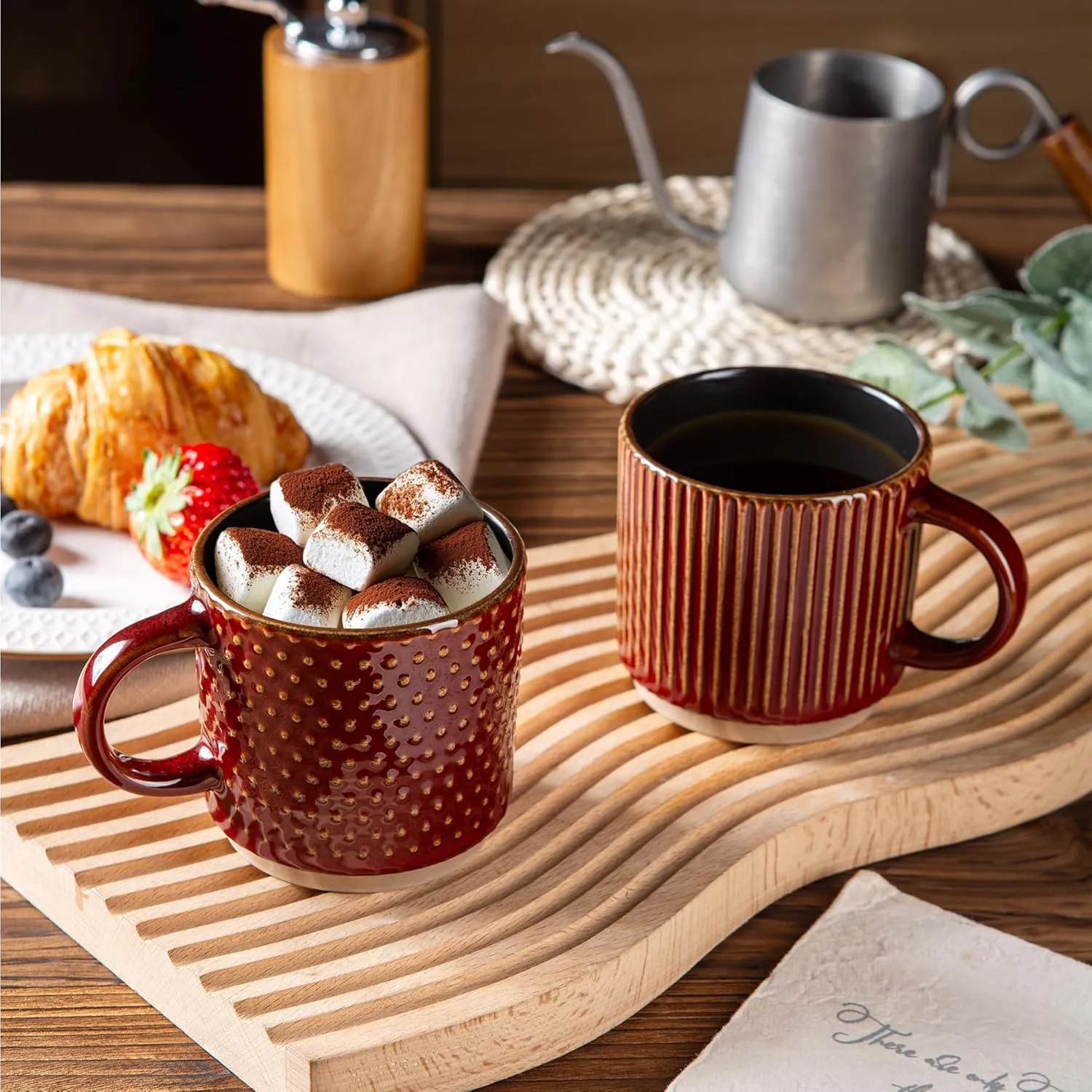 GBHOME 8OZ Stackable Coffee Mugs, Ceramic Coffee Mugs with Texture Patterns for Man,Woman,Dad,Mom, Modern Coffee Cups Set of 4 for Espresso/Cappuccino/Cocoa. Dishwasher&Microwave Safe,Red