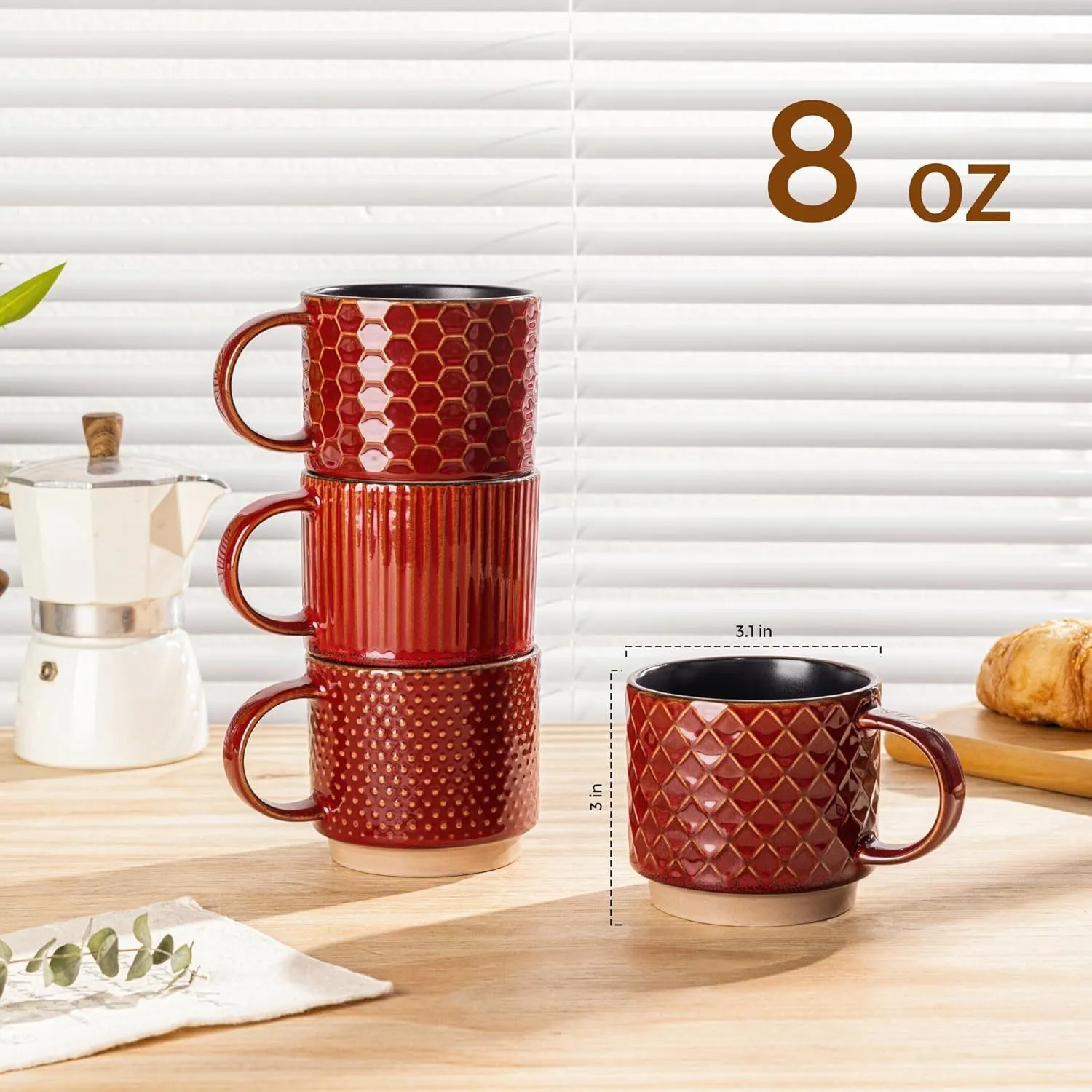 GBHOME 8OZ Stackable Coffee Mugs, Ceramic Coffee Mugs with Texture Patterns for Man,Woman,Dad,Mom, Modern Coffee Cups Set of 4 for Espresso/Cappuccino/Cocoa. Dishwasher&Microwave Safe,Red