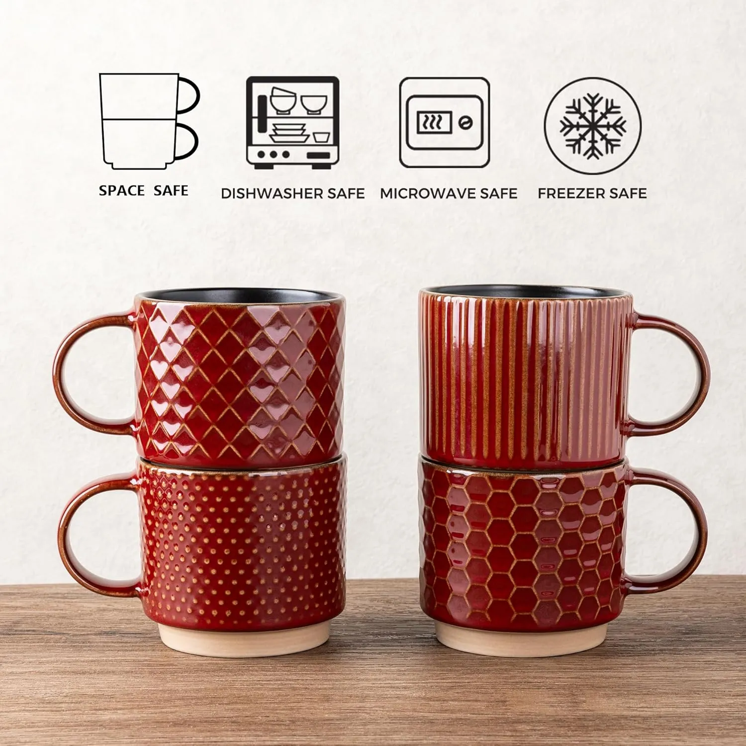 GBHOME 8OZ Stackable Coffee Mugs, Ceramic Coffee Mugs with Texture Patterns for Man,Woman,Dad,Mom, Modern Coffee Cups Set of 4 for Espresso/Cappuccino/Cocoa. Dishwasher&Microwave Safe,Red