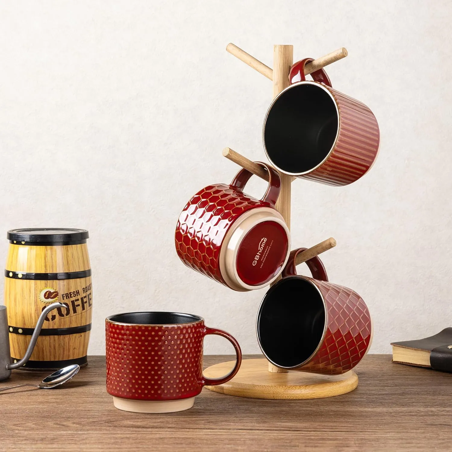 GBHOME 8OZ Stackable Coffee Mugs, Ceramic Coffee Mugs with Texture Patterns for Man,Woman,Dad,Mom, Modern Coffee Cups Set of 4 for Espresso/Cappuccino/Cocoa. Dishwasher&Microwave Safe,Red