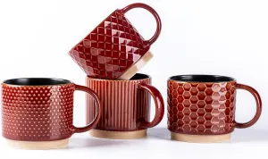 GBHOME 8OZ Stackable Coffee Mugs, Ceramic Coffee Mugs with Texture Patterns for Man,Woman,Dad,Mom, Modern Coffee Cups Set of 4 for Espresso/Cappuccino/Cocoa. Dishwasher&Microwave Safe,Red