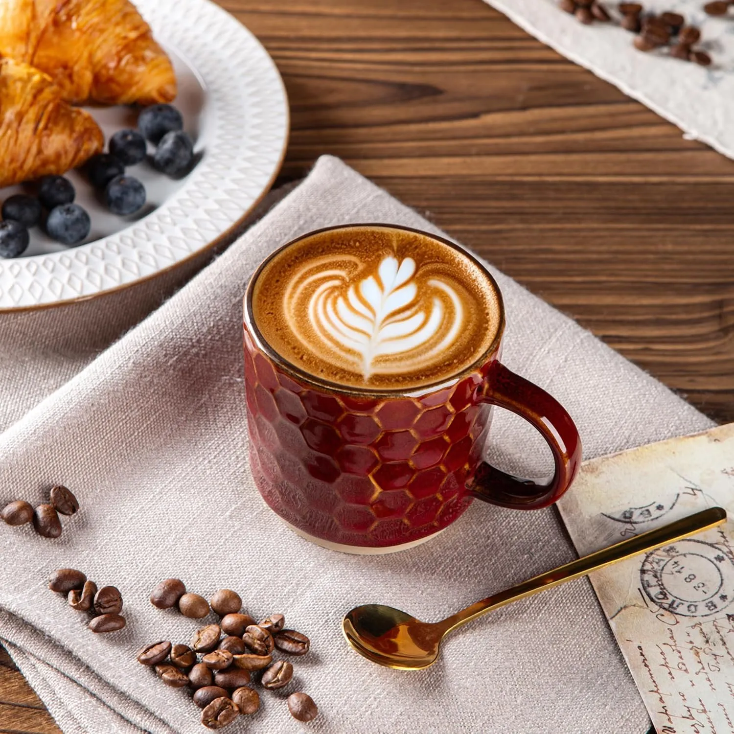 GBHOME 8OZ Stackable Coffee Mugs, Ceramic Coffee Mugs with Texture Patterns for Man,Woman,Dad,Mom, Modern Coffee Cups Set of 4 for Espresso/Cappuccino/Cocoa. Dishwasher&Microwave Safe,Red