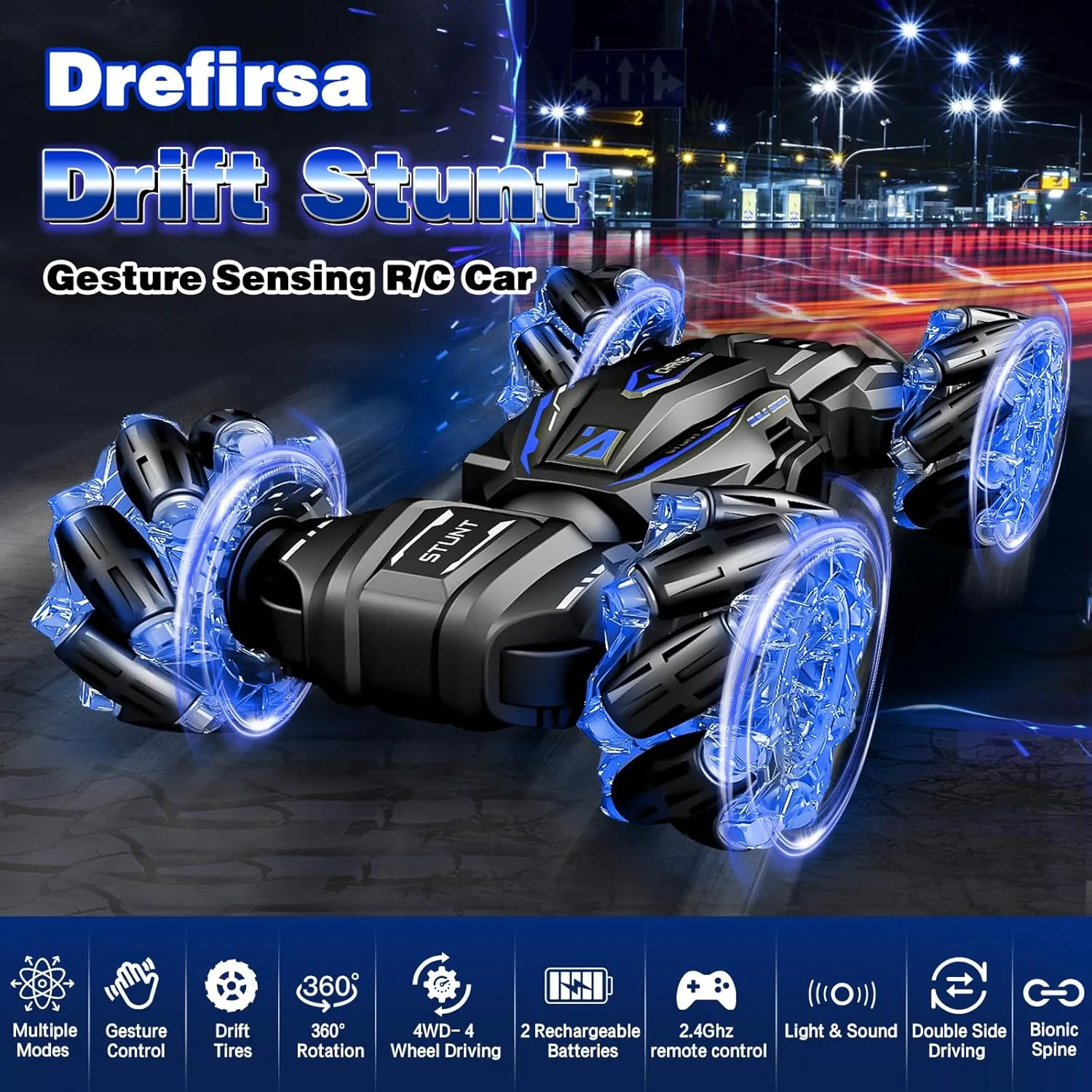 Gesture Sensing RC Stunt Car, Boys Toys Age 6-8 8-13, 4WD Remote Control Car with Rotation, Drift, Transform, Colorful Light, Music, Birthday Gift for Boy Age 5-7 8-13