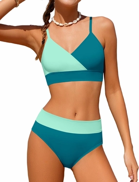 Girls Swimsuit V Neck Bikini Set Color Block with Cover Up 3Pcs Bathing Suits