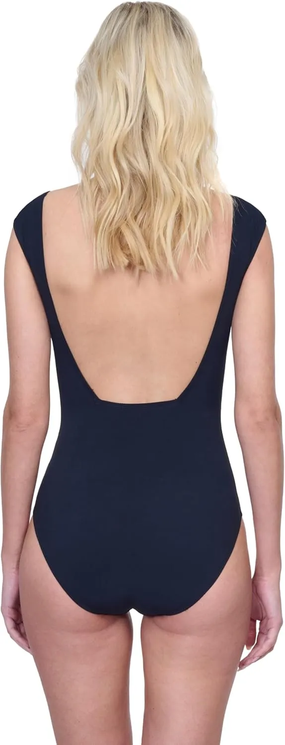 Gottex Women's Monte Carlo Square Neck One Piece Swimsuit with Cap Sleeve Tummy Control Soft Cups and Gold Button Detailing