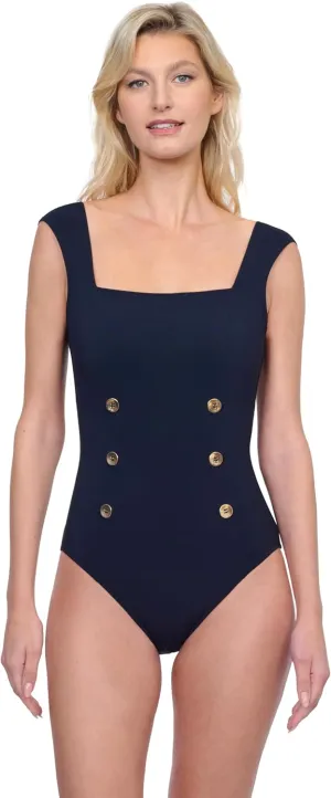 Gottex Women's Monte Carlo Square Neck One Piece Swimsuit with Cap Sleeve Tummy Control Soft Cups and Gold Button Detailing
