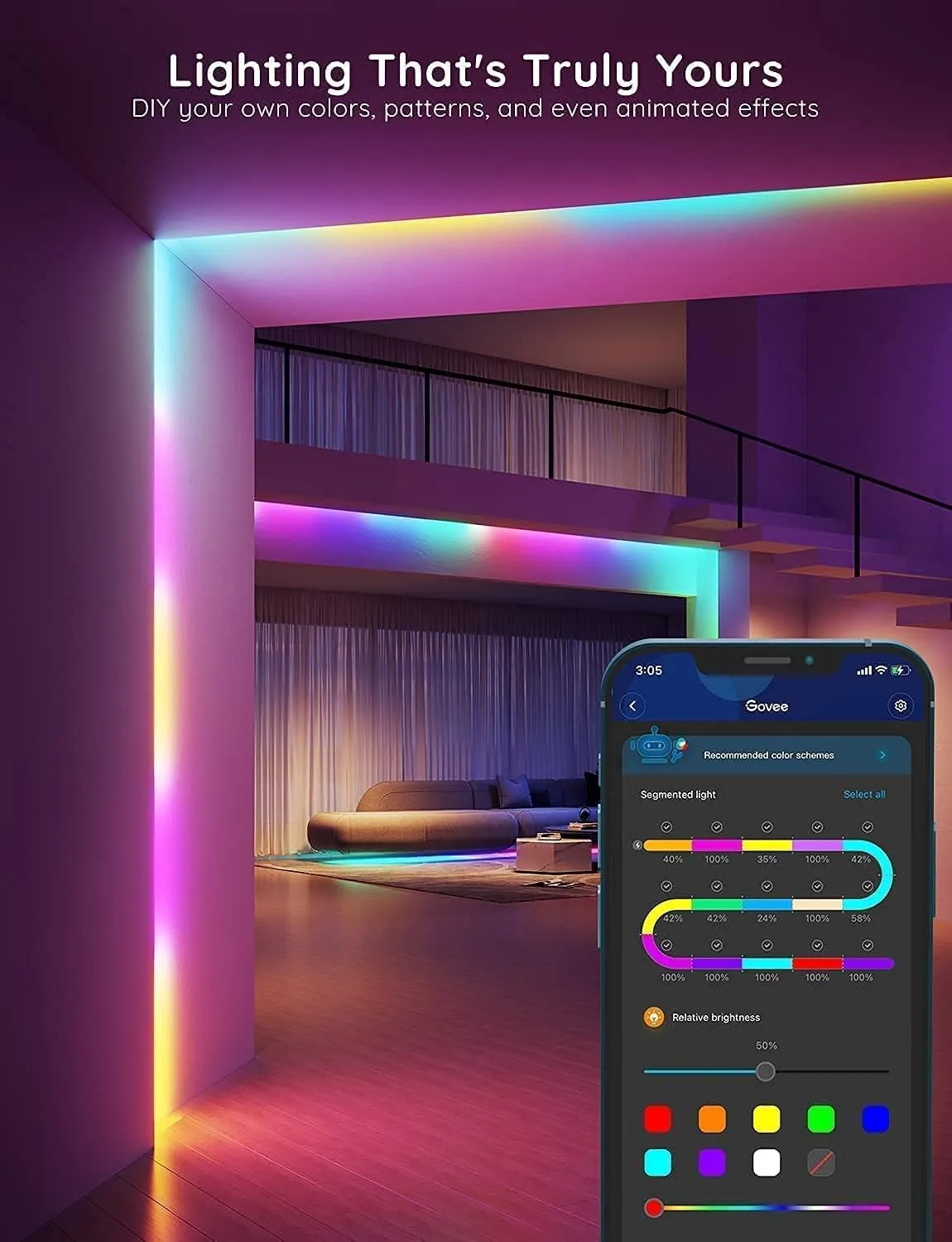 Govee RGBIC Alexa LED Strip Light 32.8ft, Smart WiFi LED Lights Work with Alexa and Google Assistant, Segmented DIY, Music Sync, Color Changing LED Strip Lights for Room, Kitchen, Desk, Holiday