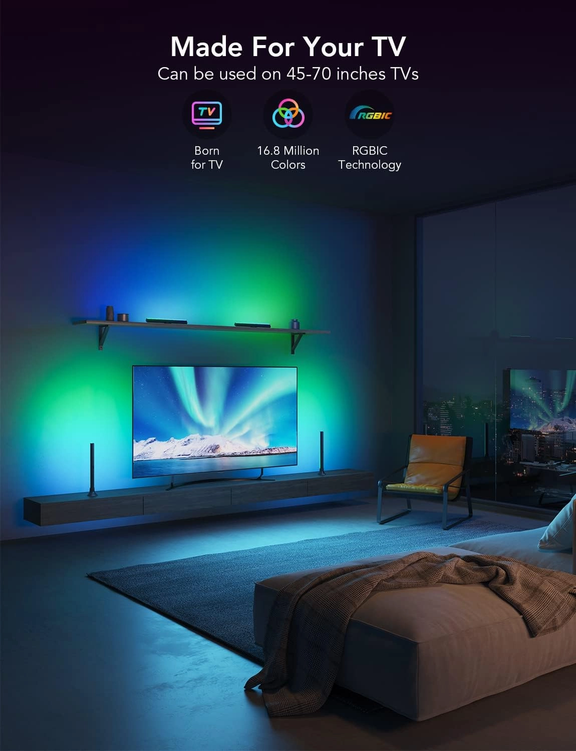 Govee RGBIC Light Bars, 15 Inches WiFi TV Backlight Suitable for 45-70 inch TVs, Smart Light Bars with Multiple Placement Options, Work with Alexa and Google Assistant, Black