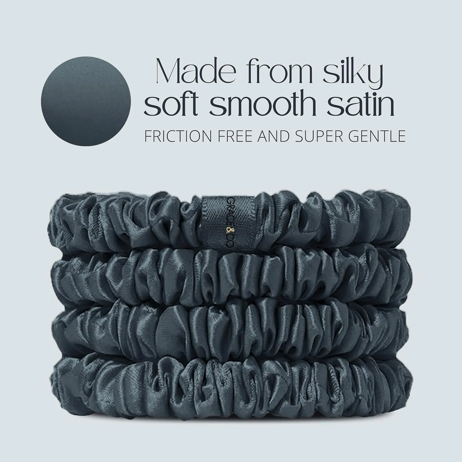 GRACE & COMPANY Pure Satin Scrunchies - Silky Smooth Friction Free Anti-frizz Hair Scrunchies For Healthier Hair (Midnight, Pack of 4)