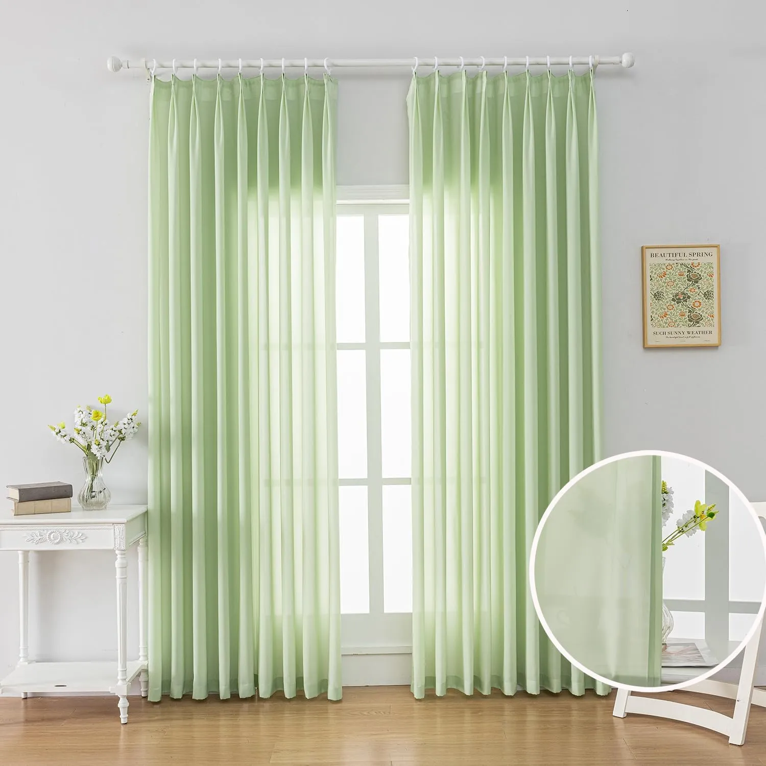 Green Sheer Curtains Pinch Pleated Curtain & Drapes 96 Inches Long 1 Panel Lightweight Light Filtering Curtains for Living Room Bedrooom Semi Sheer Window Curtain, W52 x L96