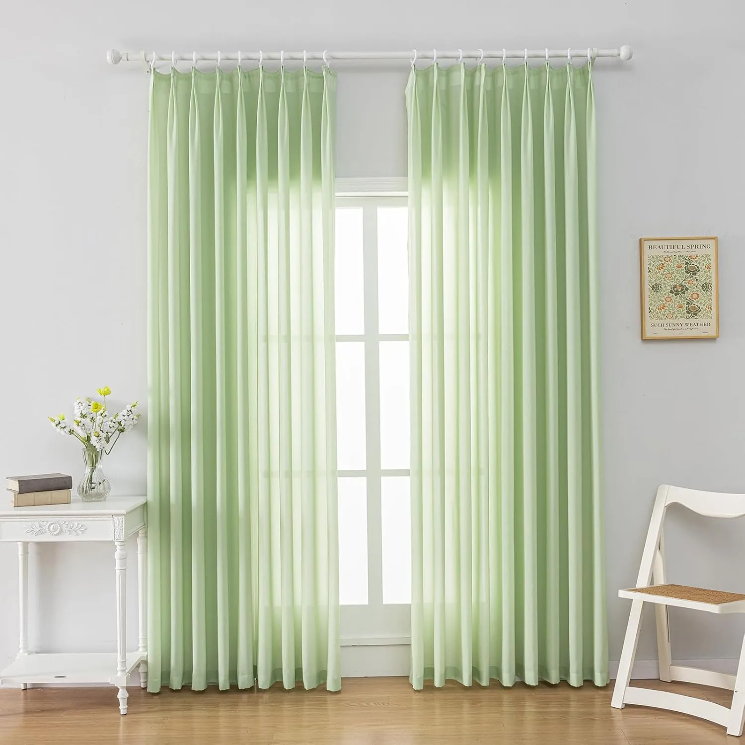 Green Sheer Curtains Pinch Pleated Curtain & Drapes 96 Inches Long 1 Panel Lightweight Light Filtering Curtains for Living Room Bedrooom Semi Sheer Window Curtain, W52 x L96