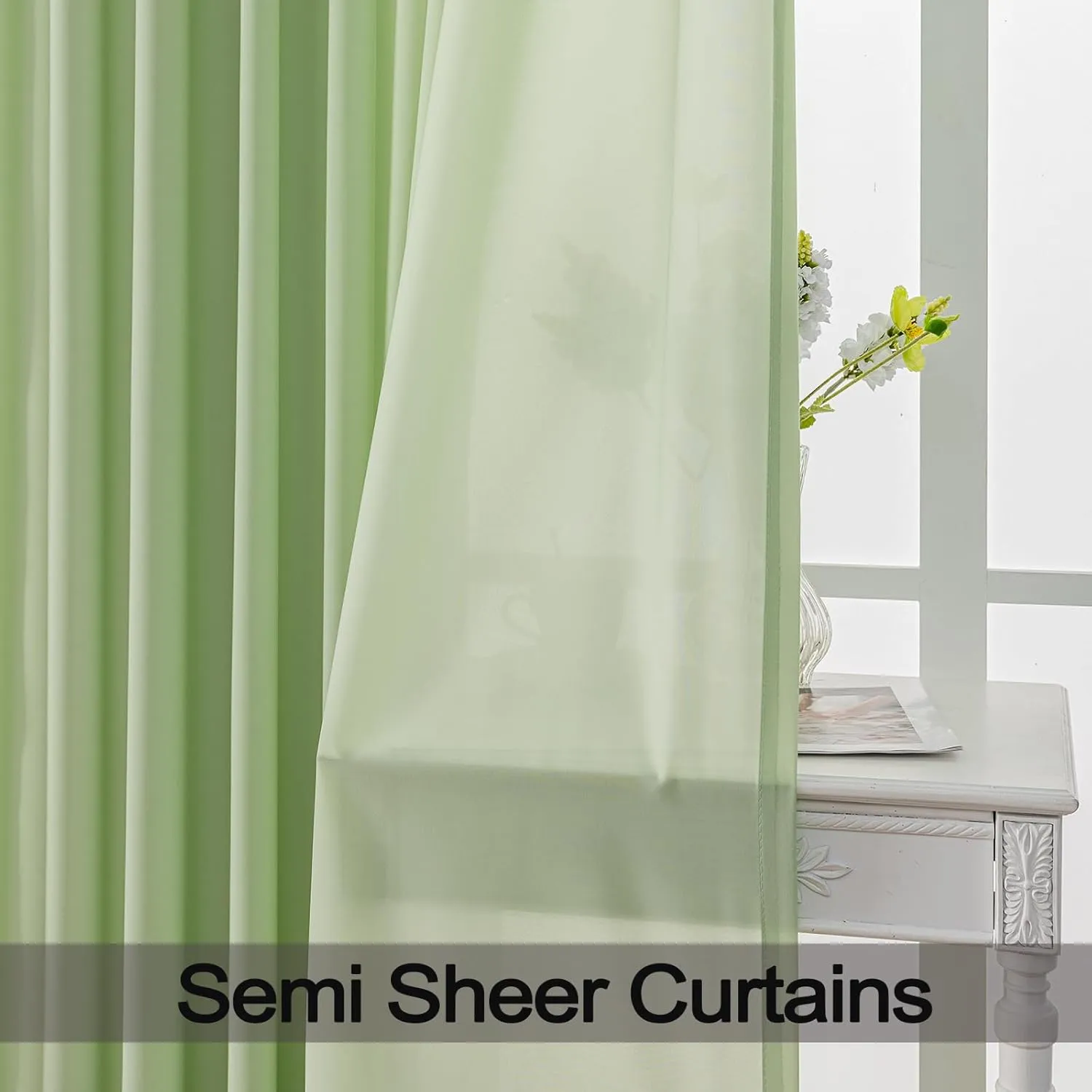 Green Sheer Curtains Pinch Pleated Curtain & Drapes 96 Inches Long 1 Panel Lightweight Light Filtering Curtains for Living Room Bedrooom Semi Sheer Window Curtain, W52 x L96