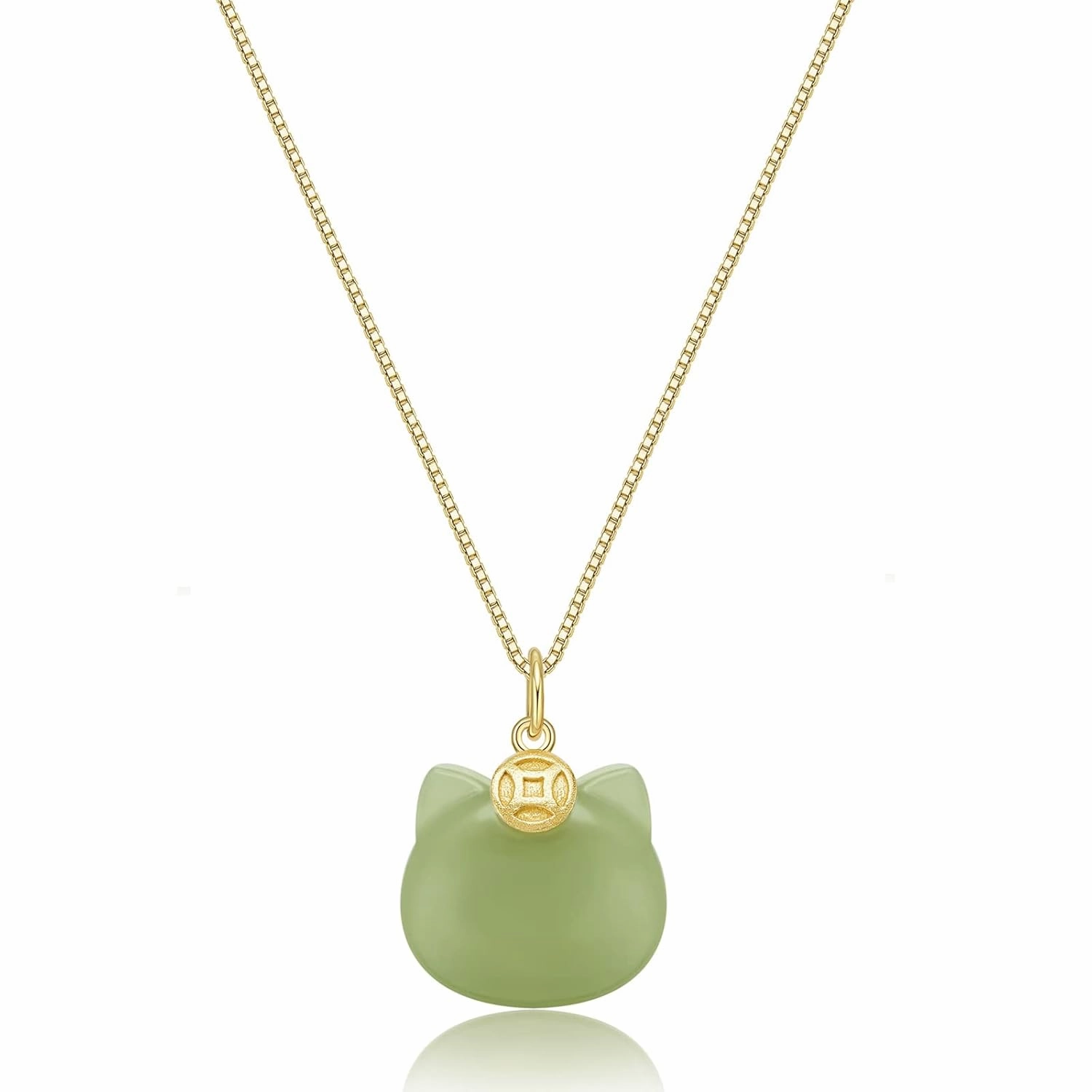Green Natural Jade Necklace, Cat Shape Jade Pendant for Women, Jade Jewelry for Women Lucky presents for Women Lover (925 Sterling Silver with Gold Plated)