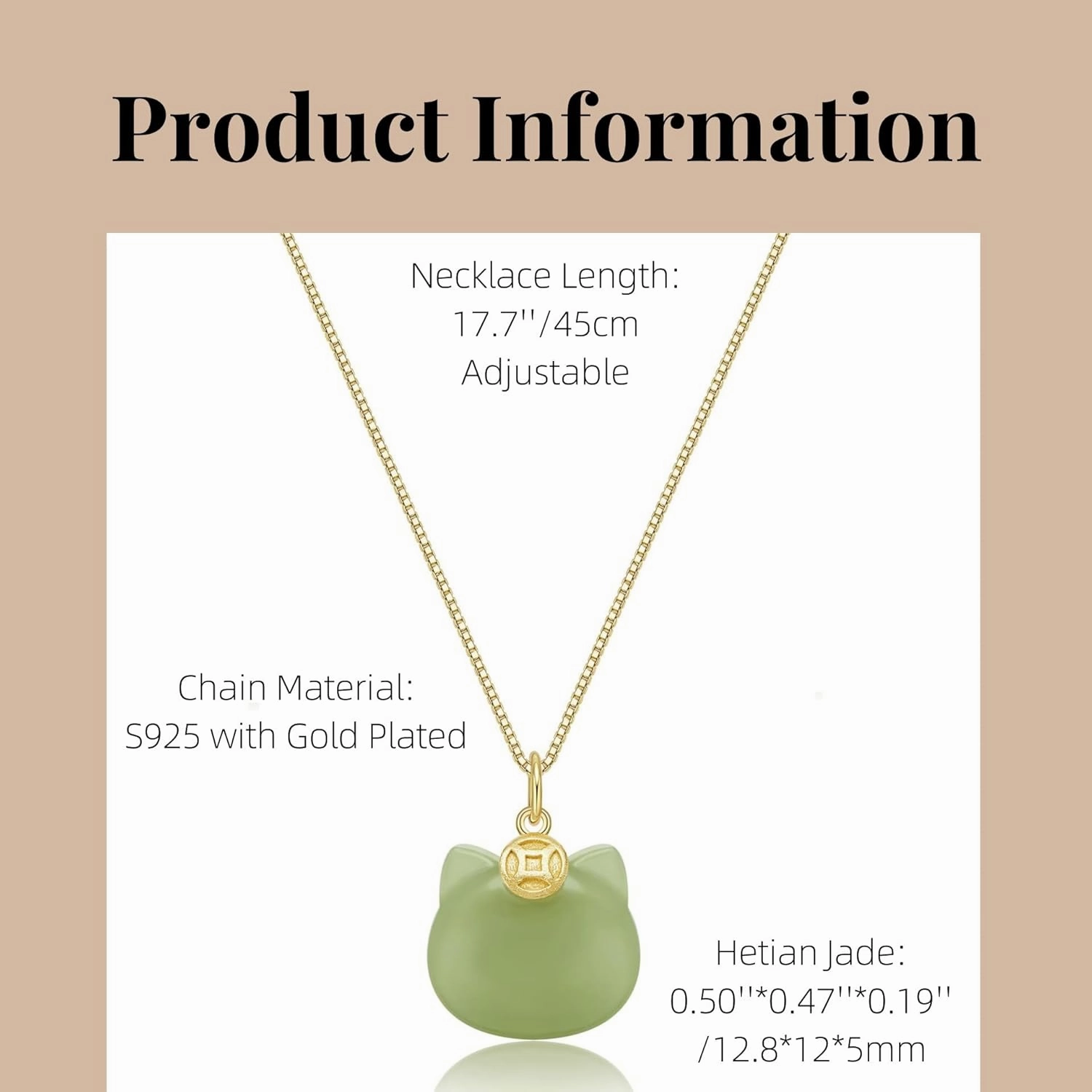 Green Natural Jade Necklace, Cat Shape Jade Pendant for Women, Jade Jewelry for Women Lucky presents for Women Lover (925 Sterling Silver with Gold Plated)