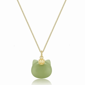 Green Natural Jade Necklace, Cat Shape Jade Pendant for Women, Jade Jewelry for Women Lucky presents for Women Lover (925 Sterling Silver with Gold Plated)