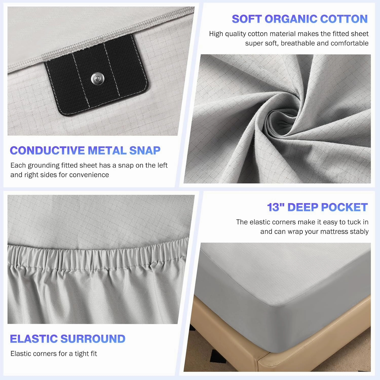 Grounding Sheets Queen Size, Earth Grounded Fitted Bed Sheet with 10% Pure Silver Fiber   90% Organic Cotton, for Improved Sleep & Wellness (Gray, Queen - 80"x60"x15")