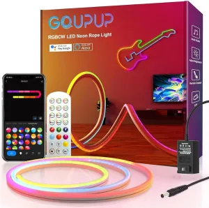 GUPUP RGBCW Neon Lights, Smart LED Neon Rope Light Compatible with Alexa, Google Assistant, Custom DIY Neon Strip Lights for Bedroom, Christmas Decor, Softer Flexible Material, 16.4ft, Color Chasing