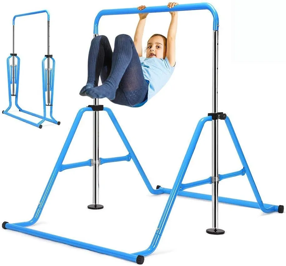 Gymnastic Bar Kids Grip Training Gym Training Bar for Home Folding Adjustable Height Expandable Balance Beam Indoor Outdoor (Blue)