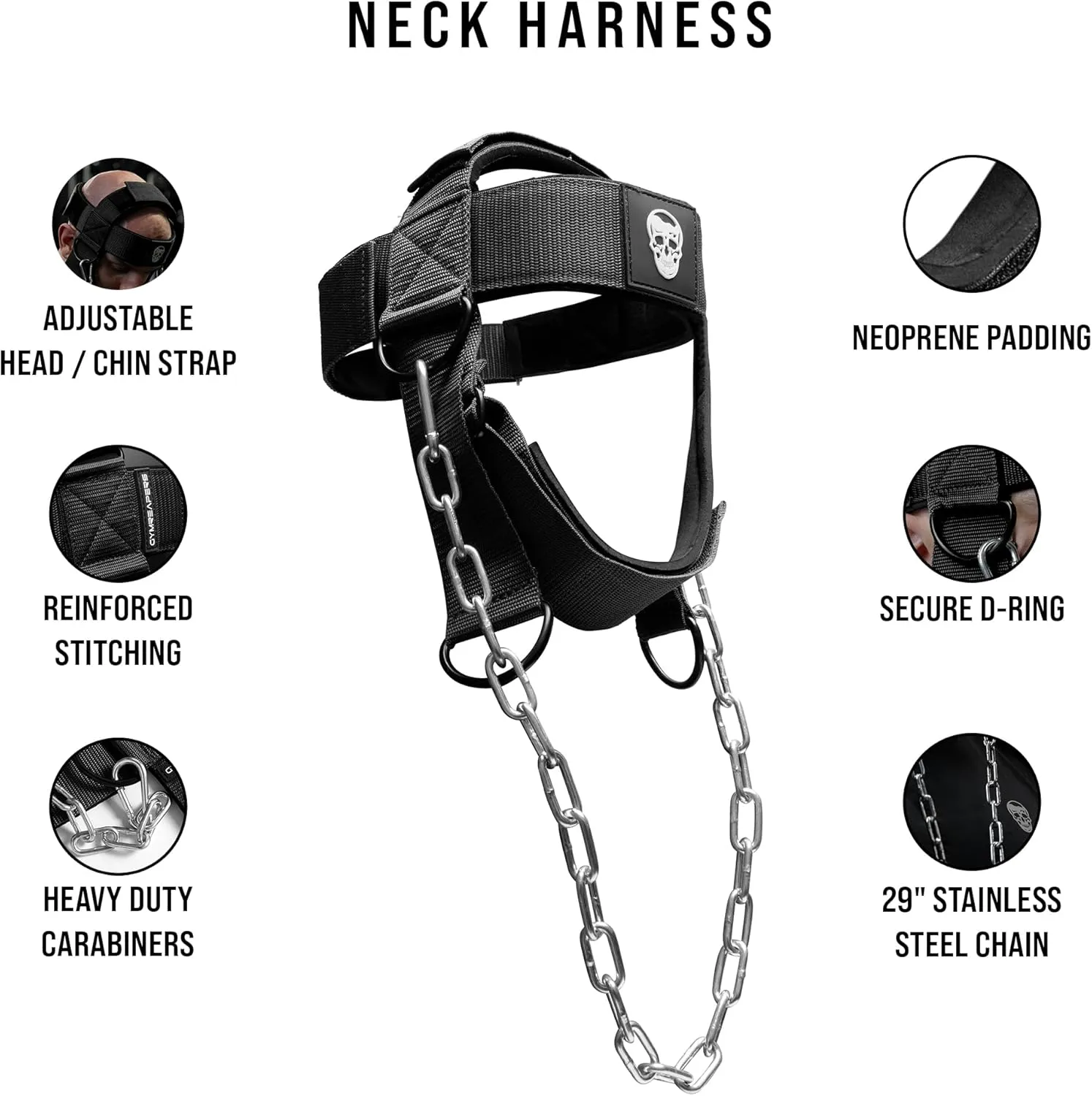 Gymreapers Neck Harness - Heavy Duty Stainless Steel Chain, Adjustable Neoprene Strap, Trainer for Strength & Pain Relief