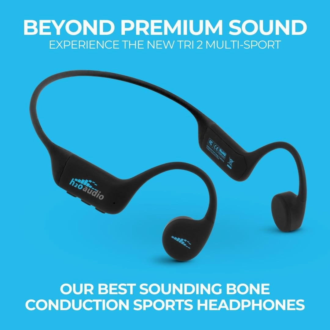 H2O Audio TRI 2 Multisport Waterproof Bone Conduction Open Ear Headphones, Bluetooth 5.3 for Running and Cycling, MP3 Mode for Swimming, 8GB Memory, 8.5-Hour Battery, Black