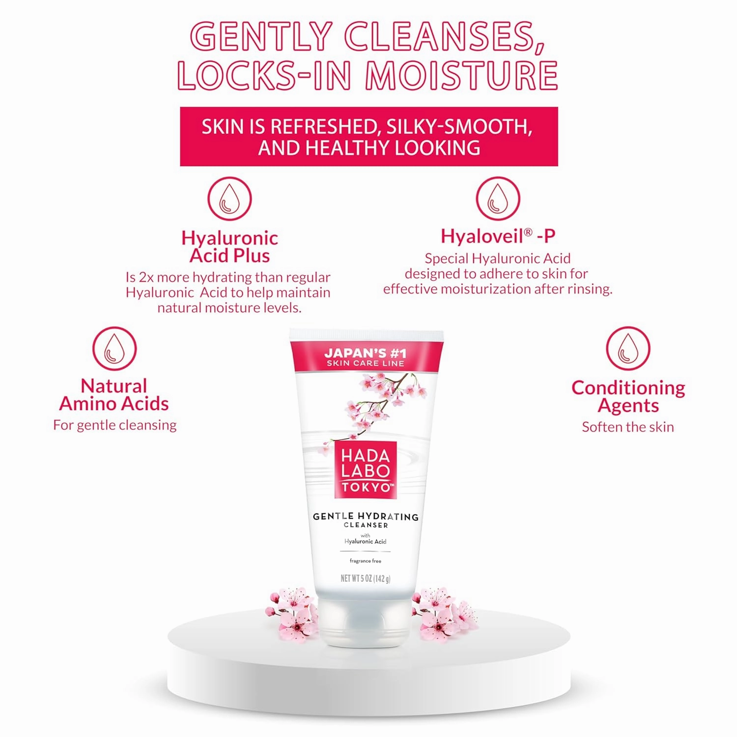 Hada Labo Tokyo Gentle Hydrating Foaming Facial Cleanser, Fragrance-Free Sensitive Skin Face Wash with Hyaluronic Acid and Conditioning Agents Soften Skin, Locks In Moisture, 5.0 oz Each (Pack of 3)
