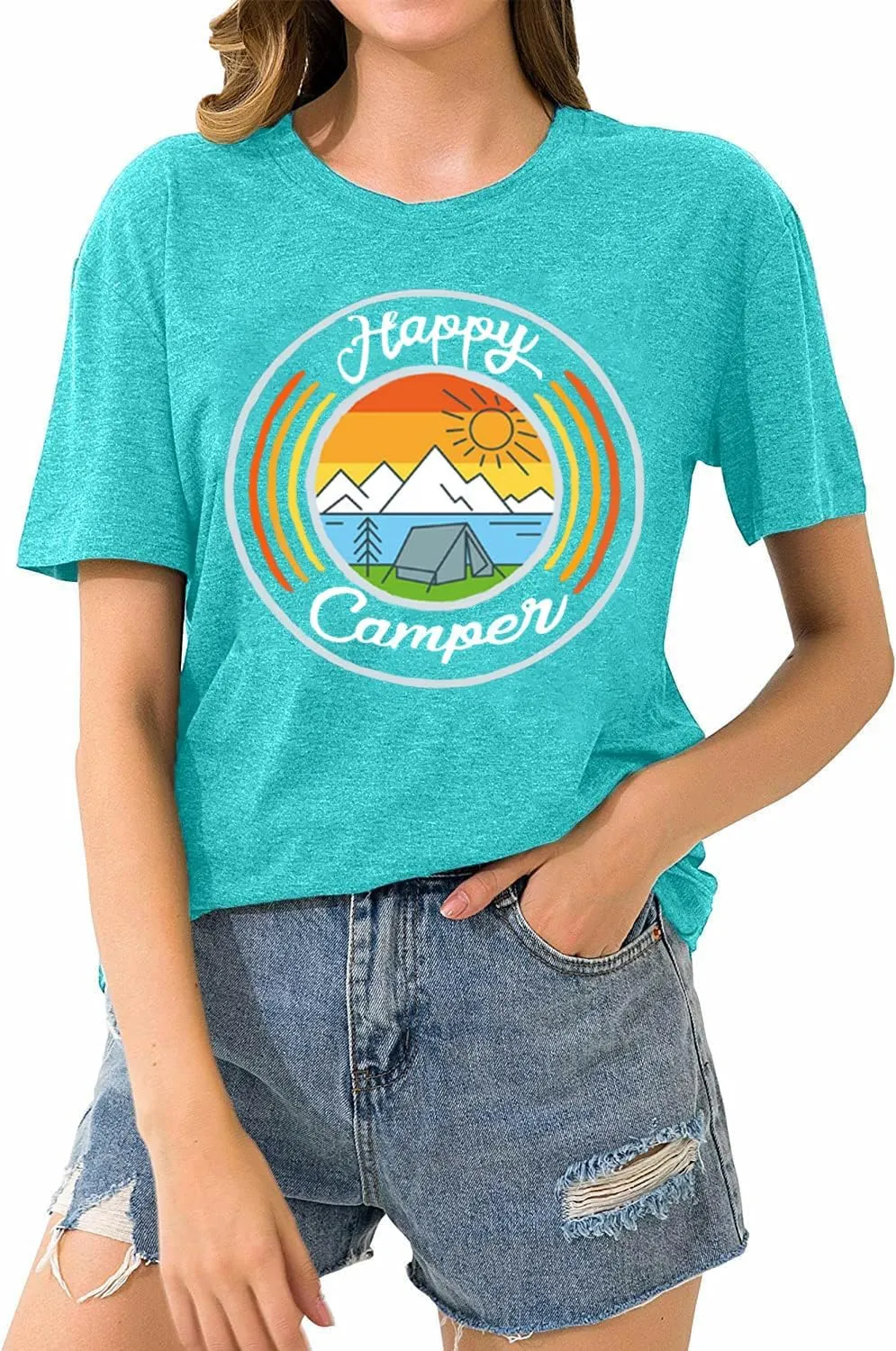 Happy Camp T-Shirt Women Hiking Mountain Adventure Novelty Workout Funny Saying Cute Graphic Athletic Shirt