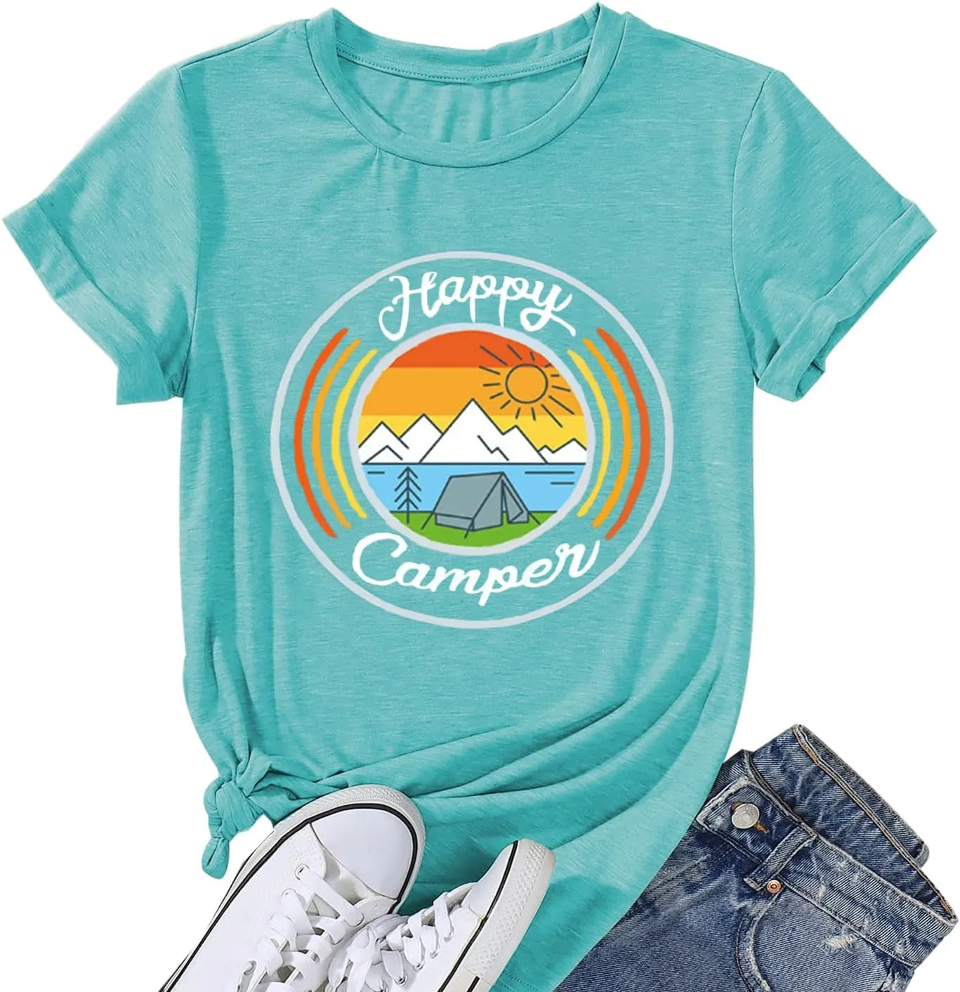 Happy Camp T-Shirt Women Hiking Mountain Adventure Novelty Workout Funny Saying Cute Graphic Athletic Shirt