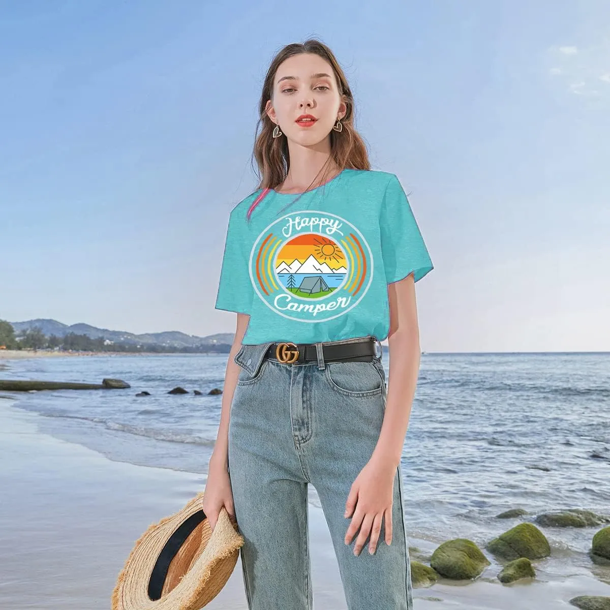 Happy Camp T-Shirt Women Hiking Mountain Adventure Novelty Workout Funny Saying Cute Graphic Athletic Shirt