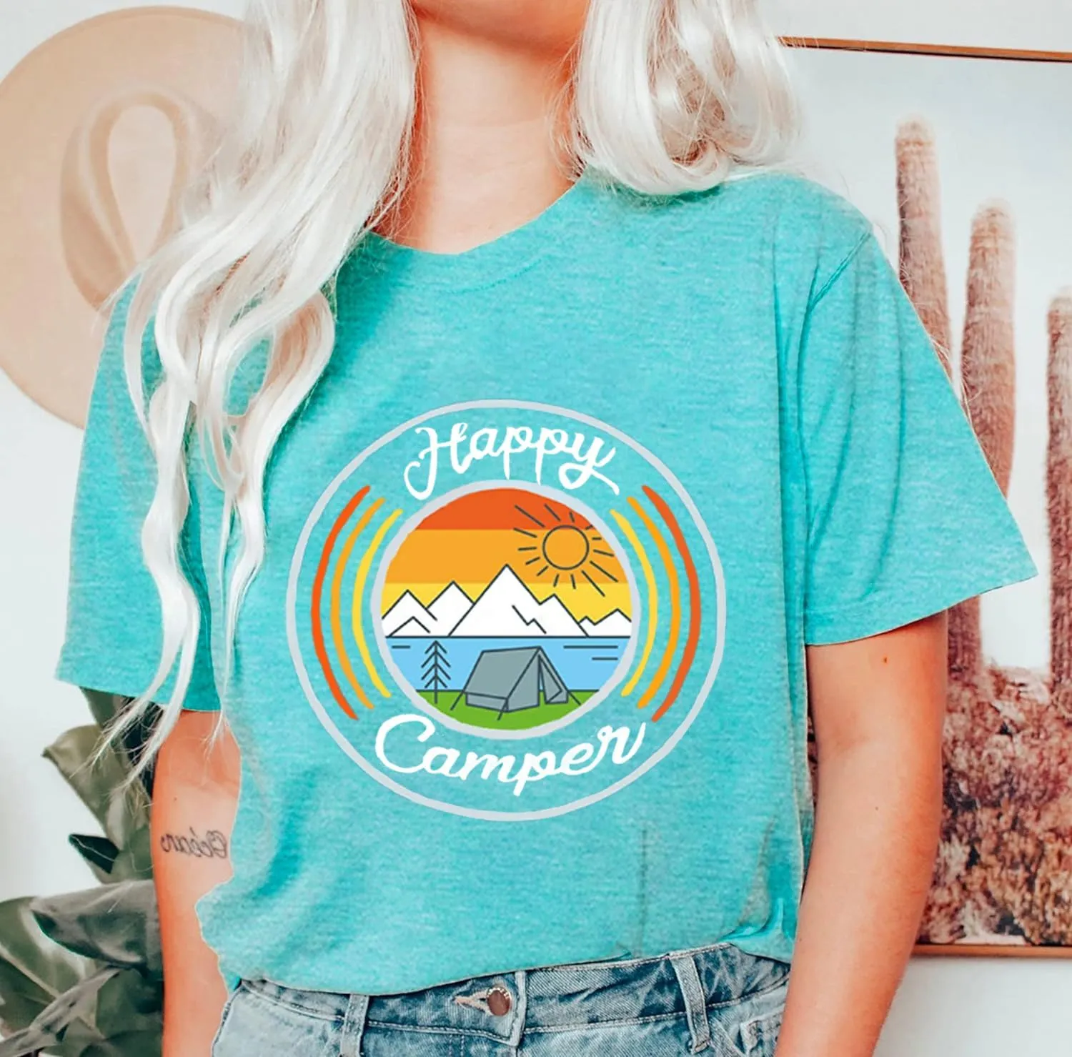 Happy Camp T-Shirt Women Hiking Mountain Adventure Novelty Workout Funny Saying Cute Graphic Athletic Shirt
