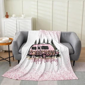 Happy Camping Throws Blanket,Cartoon Camper Car Blankets for Girls Teens,Vintage Farmhouse Microfiber Fleece Blanket Room Decor,50 x 60 Inches