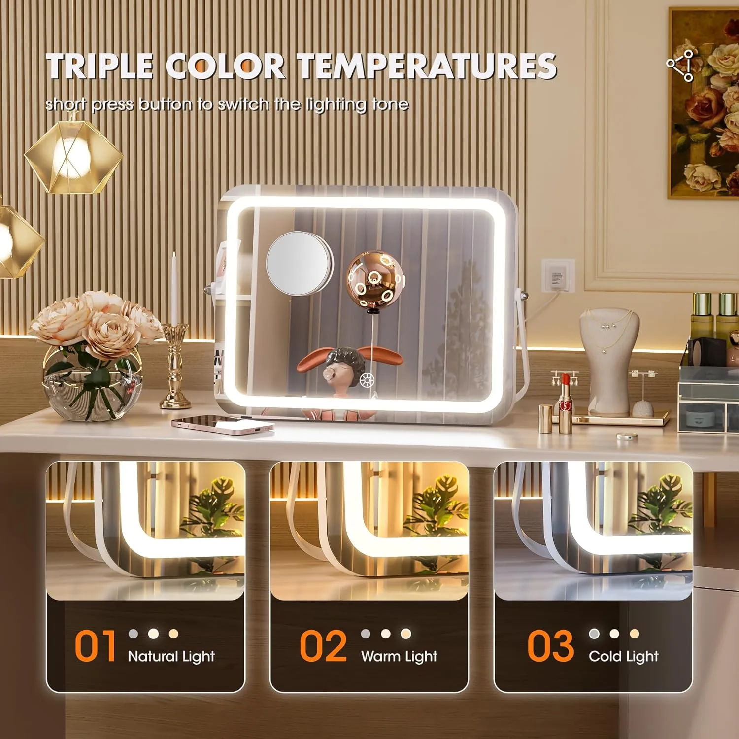 Hasipu LED Makeup Mirror with Bluetooth Speaker, 14" x 10" Vanity Mirror with Lights, 3 Modes Light, Smart Touch Control Dimmable, Rectangle White Frame
