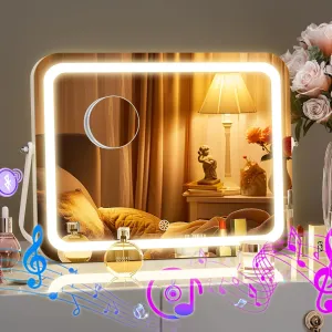 Hasipu LED Makeup Mirror with Bluetooth Speaker, 14" x 10" Vanity Mirror with Lights, 3 Modes Light, Smart Touch Control Dimmable, Rectangle White Frame