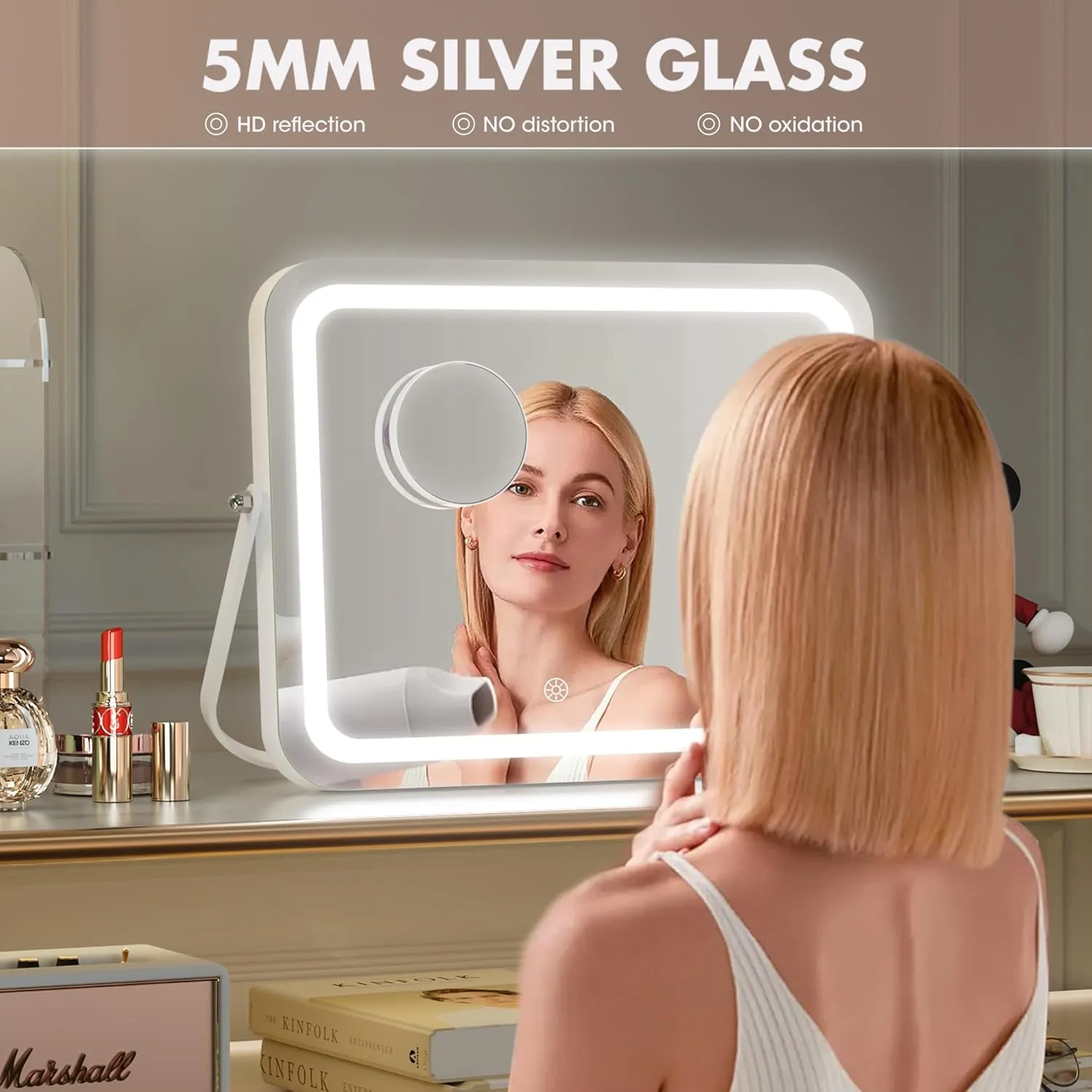 Hasipu LED Makeup Mirror with Bluetooth Speaker, 14" x 10" Vanity Mirror with Lights, 3 Modes Light, Smart Touch Control Dimmable, Rectangle White Frame